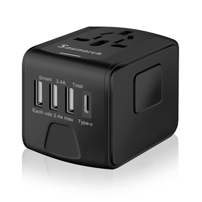 SAUNORCH Universal International Travel Power Adapter, AC Outlet | High Speed 2.4A USB & 3.0A Type-C Charger for Europe UK US AU Asia, Black
