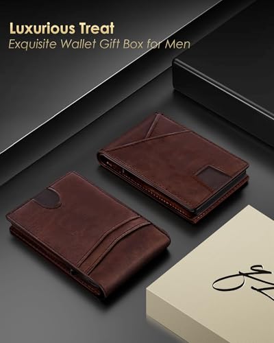 QLD Wallet for Men - RFID Blocking [Functional & Practical] Bifold Slim Minimalist Credit Card Holder Pop Up Metal Case with Cash Slot, Front Pocket with ID Window, Gift Boxed - color: Cognac