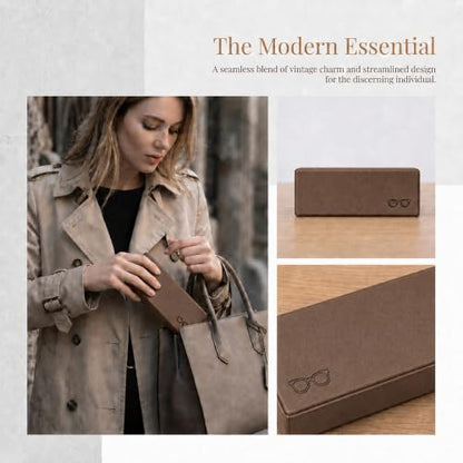 Double Sided Glasses Case Hard Shell,Sunglasses Case & Eyeglass Case with Cleaning Cloth & Storage Pouch - color: Brown