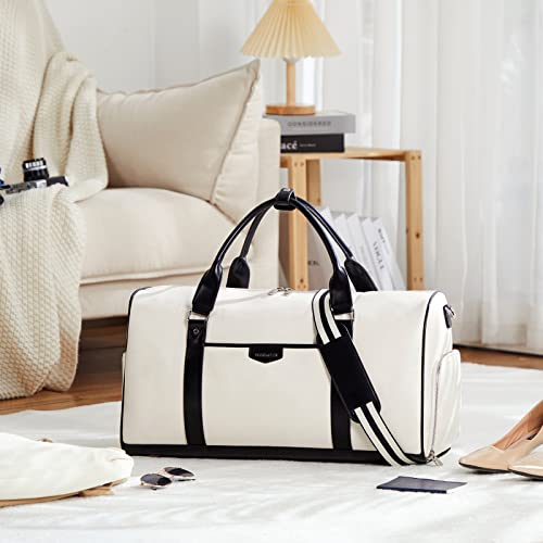 BOSTANTEN Weekender Bags for Women Leather Duffle Large Travel Bag Carry On Duffel with Shoe Compartment - color: White & Black