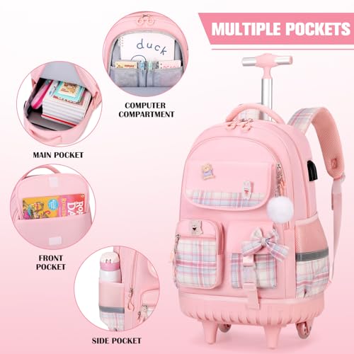 ACESAK Rolling Bow Backpack for Girls with Lunch Bag & Pencil Pouch - color: Pink