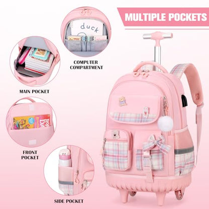 ACESAK Rolling Bow Backpack for Girls with Lunch Bag & Pencil Pouch - color: Pink