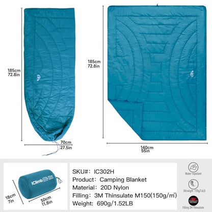 iClimb 3M Thinsulate Insulation Warm Camping Blanket Ultralight Compact - color: Blue, size: 72.8” × 55”, 1.52 lb