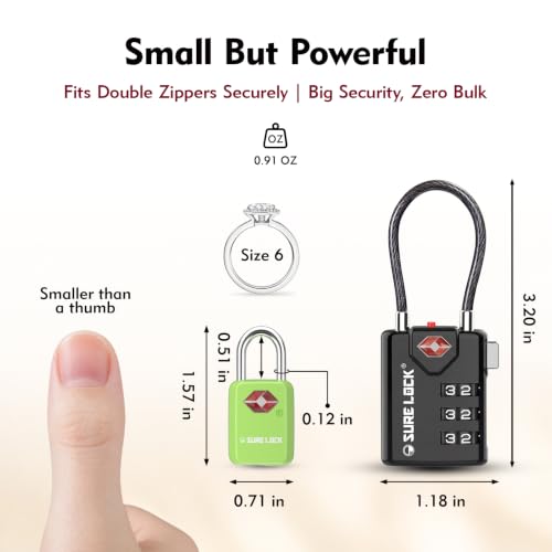 SURE LOCK Mini TSA Approved Keyed Luggage Lock – One Key Opens All, Fits Tight Zipper Gaps & Small Pull Holes, Compact Travel Lock for Suitcases, Backpacks & Handbags - color: GREEN 4 LOCKS