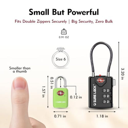 SURE LOCK Mini TSA Approved Keyed Luggage Lock – One Key Opens All, Fits Tight Zipper Gaps & Small Pull Holes, Compact Travel Lock for Suitcases, Backpacks & Handbags - color: GREEN 4 LOCKS