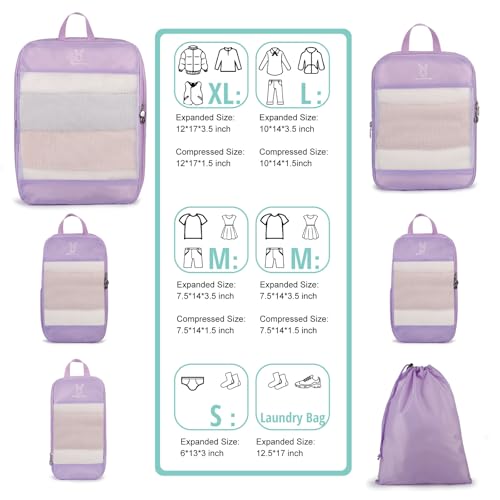 6/8 Set Space Saving Compression Packing Cubes Lightweight Packing Cube - color: Lavender, size: 6 Pcs(XL,L,M*2,S,laundry bag)