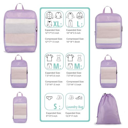6/8 Set Space Saving Compression Packing Cubes Lightweight Packing Cube - color: Lavender, size: 6 Pcs(XL,L,M*2,S,laundry bag)