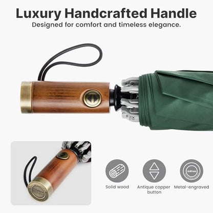 G4Free 54 Inch Inverted Windproof Umbrella with Wooden Handle Rain Umbrella - color: Dark Green