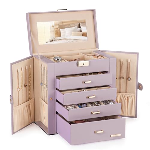 Homde Large Jewelry Box for Women: 5-Layer Organizer with Lock for Dresser - color: Grey Purple + Gold
