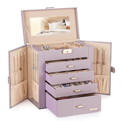 Homde Large Jewelry Box for Women: 5-Layer Organizer with Lock for Dresser - color: Grey Purple + Gold