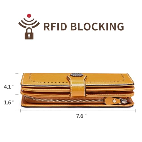 SENDEFN Wallets for Women Leather Credit Card Holder with RFID Blocking Large Capacity Wristlet - color: 1-Wax-Yellow