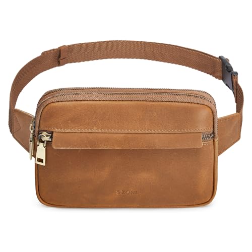 S-ZONE Fanny Packs for Women Genuine Leather RFID Blocking Crossbody Sling - color: Light Brown