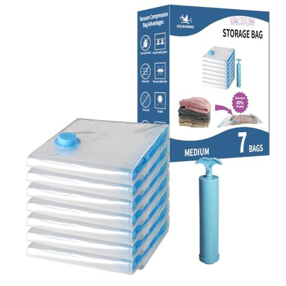 Vacuum Storage Bags 7 Pack Medium for Clothing Travel with Hand Pump - size: 7-Medium