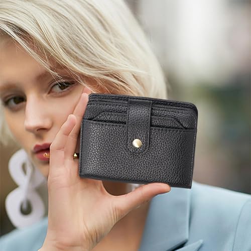 GAEKEAO Small Leather Credit Card Holder Wallets for Women RFID Blocking Bifold Wallet Zipper Pocket with Removable ID Window - color: Y-Black-Small