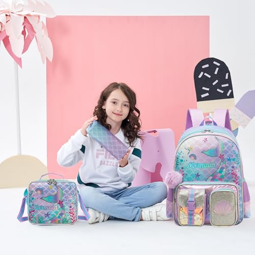 Meetbelify Backpacks for Girls School Backpacks with Lunch Box Pencil Case for Elementary Students Ages 8-10 - color: Purple 01