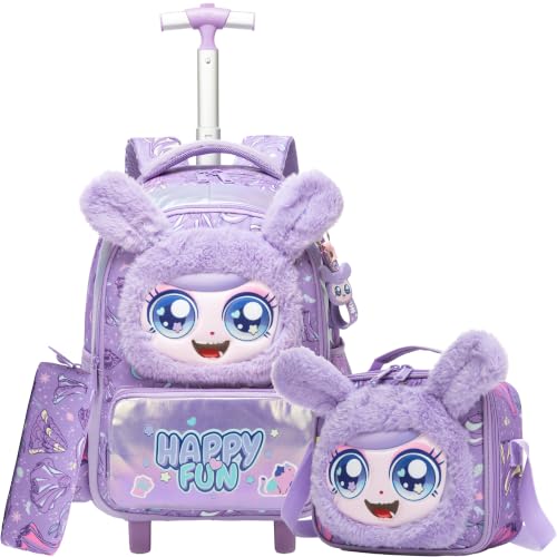 Girls Rolling Backpack for Kids with Wheels,Cute 3D Kids Rolling Backpack for School,Lightweight Kids Luggage for 6-8,Large Capacity BookBag with Wheels & Telescopic Handle - color: 3d Plush Cute Purple
