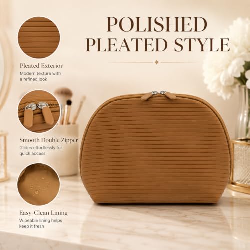 Standing Fold Down Parallel Travel Makeup Bag for Women, Cosmetic Organizer with Multi-Compartments, Stand Bag Organizes skincare, Makeup and Brushes (Premium Version, Vicuna, Medium) - color: Vicuna