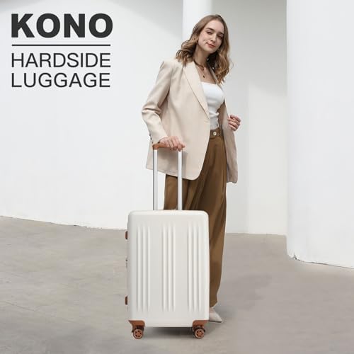 Kono 24 Inch Expandable Checked Luggage with Spinner Wheels TSA Lock Cream - color: Cream White, size: 24"