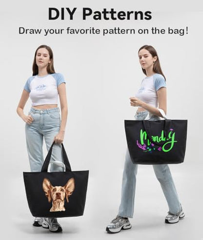 Bagelite 22'' 50L 100% Cotton Oversized Travel Tote Bag for Women - Tear-Resistant, Overnight/Weekend/Beach Bag - color: Black 2（22'' Xl）
