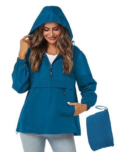 Avoogue Womens Rain Jacket with Hood,Pullover,Packable,Lightweight,Windbreaker,Waterproof,Breathable. - color: Pbl, size: Small