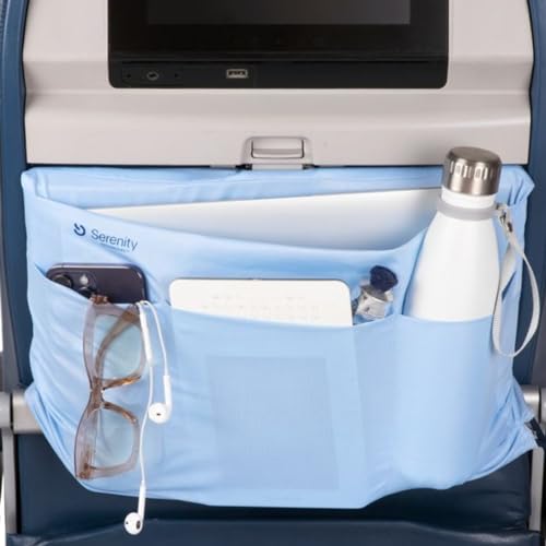 Airplane Tray Organizer/Tote with 4 Storage Pockets, Back Seat Airplane Tray Cover, Converts into a Drawstring Tote, Washable, Durable & Lightweight (2.8 oz) Airplane Travel Essentials - color: Powder Blue