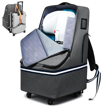 RUCYEN Rolling Car Seat Travel Bag, Padded Carseat Travel Backpack for Airplane,Large Durable Travel Bag with 4 Wheels,Adjustable Shoulder Strap and Waterproof Base Dark Grey - color: Grey