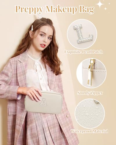 VLANDO Makeup Bag for Travel with Pearl Monogram Patch,Beige B - color: 03-White-B