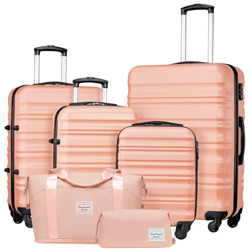 LONG VACATION Luggage Sets, 6 Piece, Hardshell Suitcase with Spinner Wheels - color: PINK, size: 6-Piece Set
