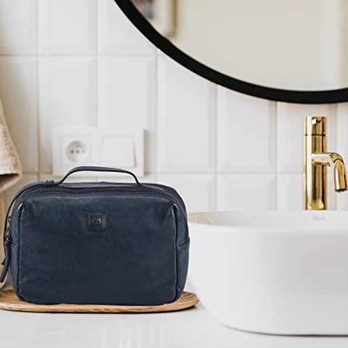 Leather Toiletry Bag Dopp Kit for Men Women Travel Shaving Pouch Organiser - color: Ocean Blue