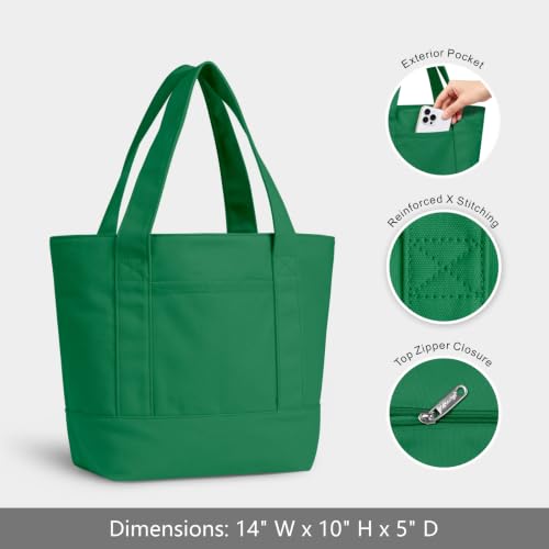 TOPDesign 1-Pack Small Canvas Tote Bag with an External Pocket, Reusable Bag, Top Zipper Closure, Daily Essentials (Green) - color: Green, size: Small