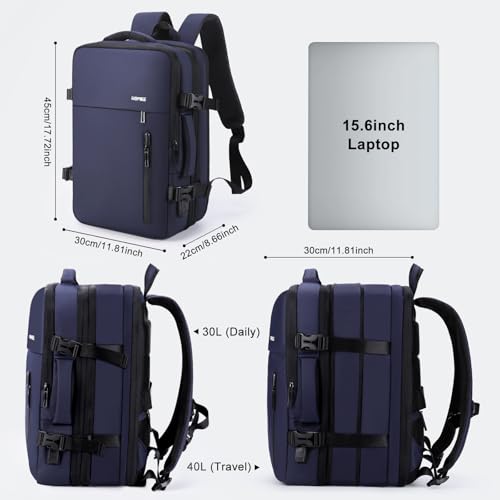 HOMIEE 40L Expandable Carry on Backpack Fit 15.6 Inch Laptop for Travel - color: Blue