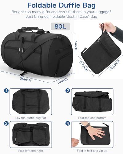 80L EXTRA LARGE Foldable Waterproof Travel duffle Bag for Men and Women - color: Black, size: 80L