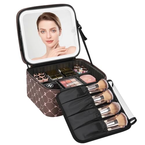 Relavel Travel Makeup Bag With LED Mirror, Brown Bowknot - color: 03-Brown Bowknot, size: 1-Small