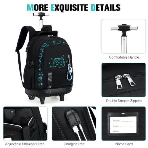 ACESAK 3PCS Rolling Backpack for Boys Children, Boys Backpack with Wheels - color: Black Game
