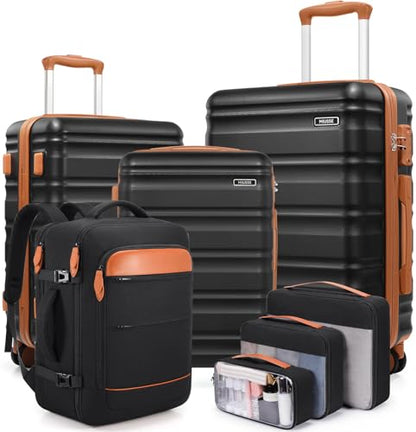 7 Piece luggage sets with YKK Zipper 20/24/28" with Backpack - color: Black, size: 7 piece set (20/24/28inch)
