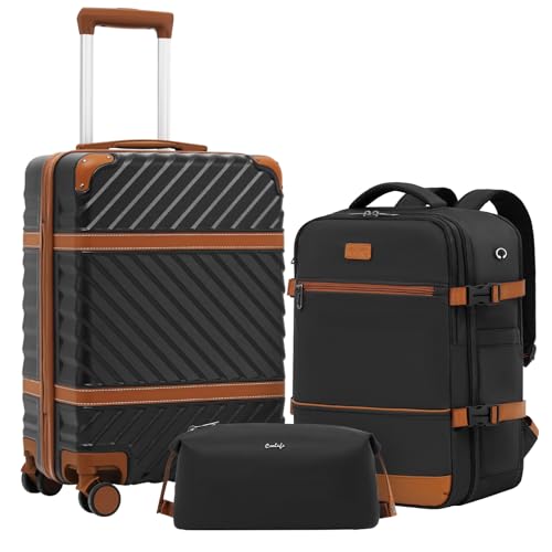 Coolife PC Hardshell Luggage, TSA Lock, Spinner, 3-Piece Set with Backpack - color: Black, size: 3 piece set (BP/TB/20)