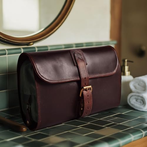 LEATHER VILLAGE Hanging Leather Toiletry Bag for Men, Dopp Kit, Mahogany - color: Mulberry Brown