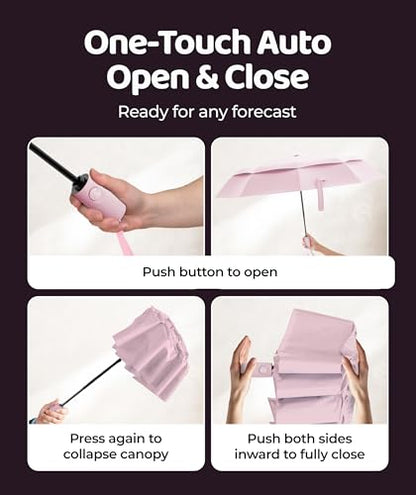 Windproof Travel Umbrella - Compact & Withstands Winds up to 100MPH, Strongest Premium Auto Folding Umbrella for Rain and Sun - Durable, Light & Portable for Women & Men, Fits Backpack & Cars - color: Pastel Pink 1-Pack