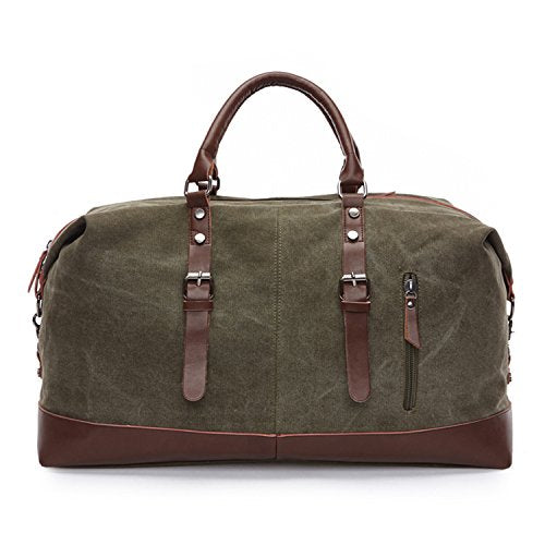 Army Green Weekender Overnight Bag Canvas Genuine Leather Travel Duffel Tote - color: Army Green
