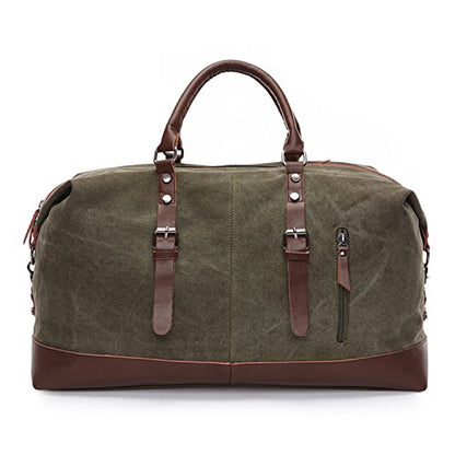 Army Green Weekender Overnight Bag Canvas Genuine Leather Travel Duffel Tote - color: Army Green