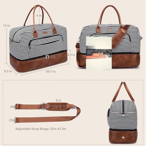 Large Women Travel Weekender Bag: Carry on Duffle with Shoe Compartment - color: Black Striped Basic
