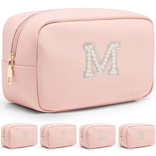 VLANDO Small Makeup Bag with Pearl Monogram Patch,Pink M - color: 03-Pink-M