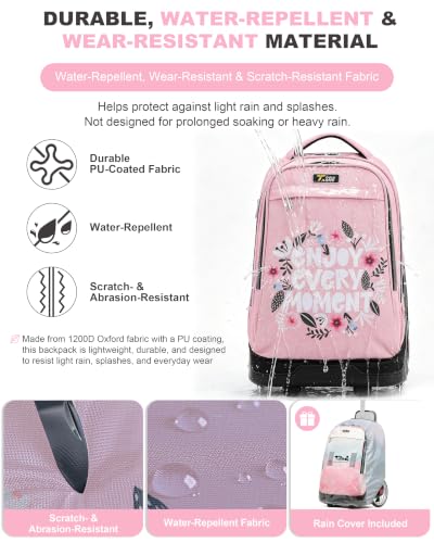 NEW TILAMI Rolling Backpack 19 inch with Lunch Bag Teens Cute Wheeled Computer Laptop Backpack Bookbag Roller Travel Bag College, Flower Pink - color: Flower Pink