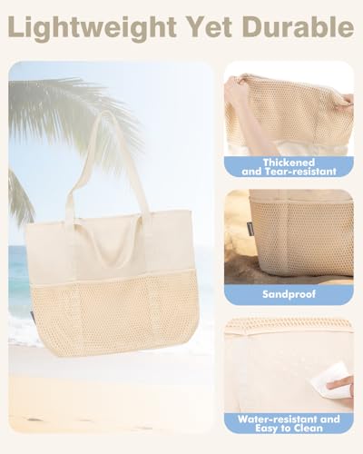 KABAQOO Large Beach Bag Waterproof Sandproof Tote Bag for Women with Zipper & Mesh Pockets for Pool Swim Travel Everyday - color: Beige