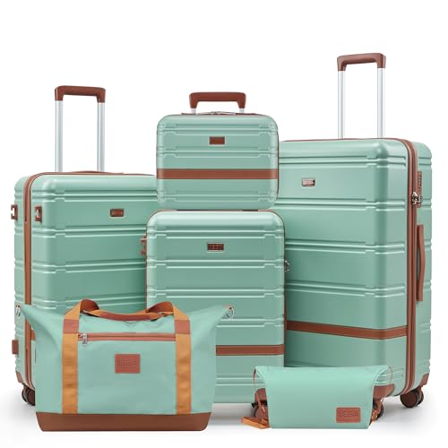 NEISIA Luggage Sets, Suitcase with Spinner Wheels, PC+ABS Hardshell Travel Luggage Set with TSA Locks,Lightweight Rolling Luggage，Carry on suitcase with YKK Zippers - color: Green, size: 6 piece sets （14/20/24/28/DB/TB)