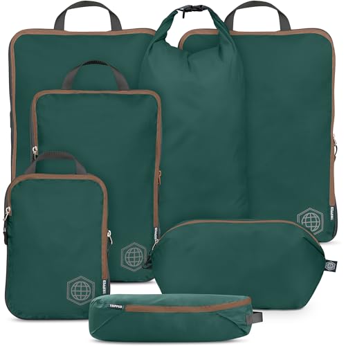 TRIPPED Travel Gear Large Compression Packing Cubes 7-Piece Set for Travel - color: Green and Brown