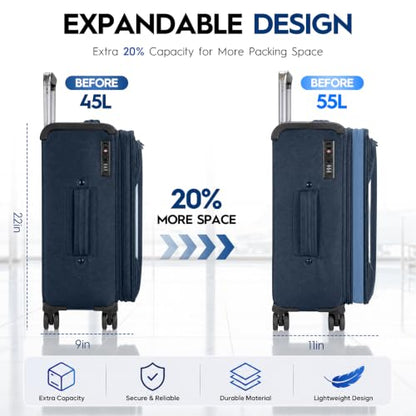 Carry On Luggage 22x14x9 Airline Approved, Softside Expandable Lightweight Travel Suitcase with Spinner Wheels (Blue, Checked-Medium 24 inch) - color: Blue, size: Checked-Medium 24 inch