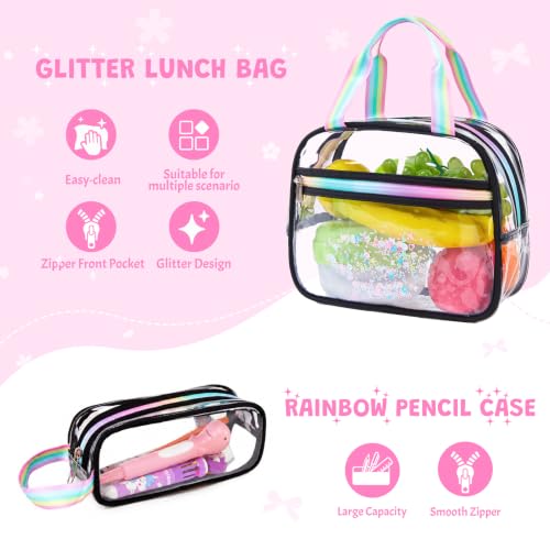 3PCS Glitter Clear Backpack for Girls with Lunch Box & Pencil Pouch(Black) | Kid Transparent Bookbag with Lunch Bag, Heavy Duty PVC See Through, School Stadium Events Approved for ELementary Preschool - color: Black Bow