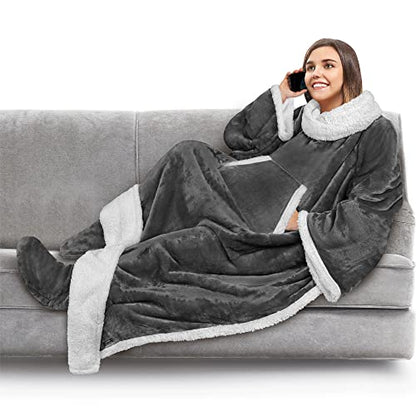 PAVILIA Sherpa Blanket with Sleeves, Foot Pockets for Women Men, Dark Gray - color: Charcoal, size: Sherpa