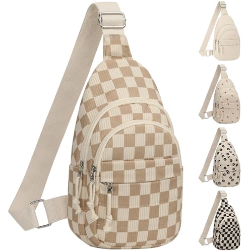 ELONGRIVER Corduroy Small Crossbody Bags for Women Teen Girls Trendy | Cute Sling Bag, Functional Cross Body Purses for Travel Hiking, Checkered Khaki Purse - color: Checkered Khaki